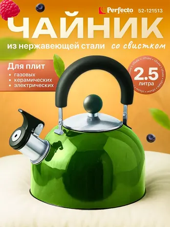 Чайник со свистком, нержавеющая сталь, 2.5 л, серия Holiday, зеленый м