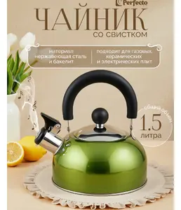 Чайник со свистком, нержавеющая сталь, 1.5 л, серия Holiday, зеленый м на скидке