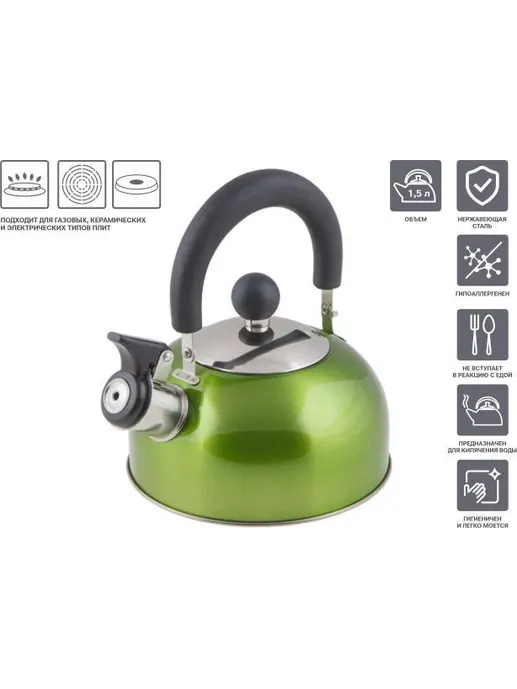 Чайник со свистком, нержавеющая сталь, 2.5 л, серия Holiday, зеленый м