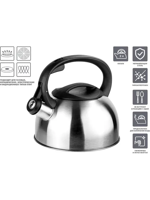 Чайник со свистком, нержавеющая сталь, 2.0 л, Darjeeling